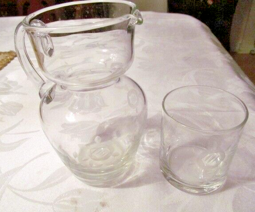 Embossed And Etched Clear Glass Bedside Carafe & Cup Set Rose Motif - Picture 2 of 4