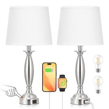 White Lamps for Bedrooms Set of 2 - Touch Control Bedside Lamp with USB C A 3...