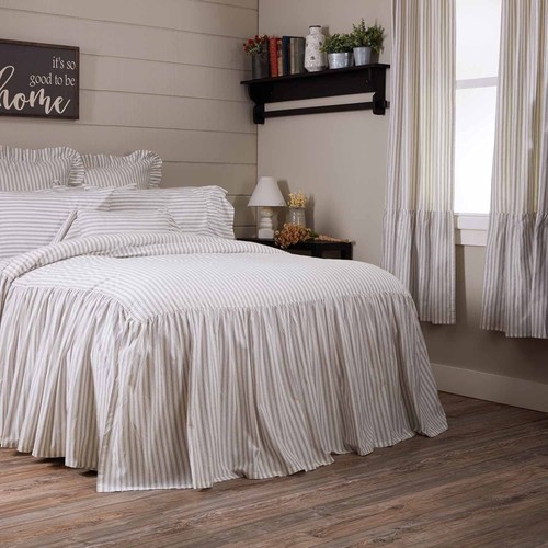 Timeless Ticking Ruffled California King Size Bedspread, High Skirt on 3 Side... - Picture 3 of 6