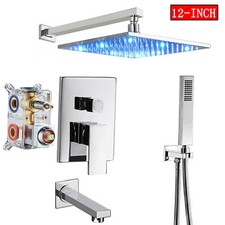 Shower Faucet Set Valve 12" Rainfall LED Shower Head with Tub Spout Wall Mounted