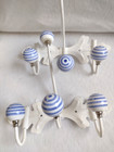 Wall Hanger With White & Blue Striped Ceramic Ball Shaped Knobs Pair New*