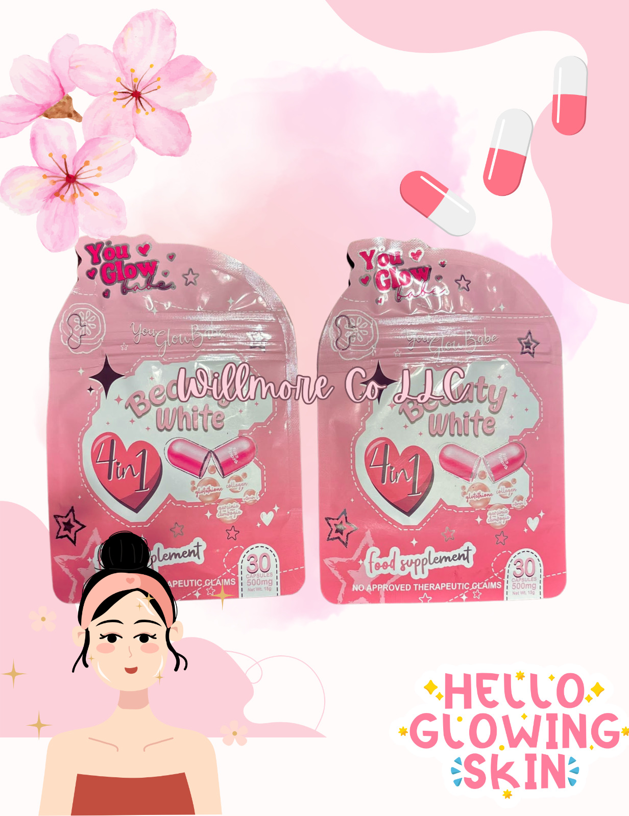You Glow Babe BEAUTY WHITE Glutathione Collagen Slimming Capsules (x2 Pouches)