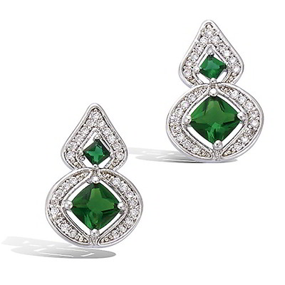 Boucles D'oreilles Dolly-Bijoux - Argent 925 Rhodié Avec émeraude Cz Et Diamant Cz - Neuf étiqueté
