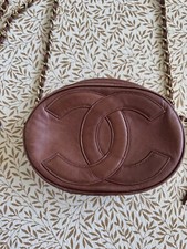 Chanel Vintage Brown Tan Oval Mini Handbag Leather Logo Designer Authentic Bag