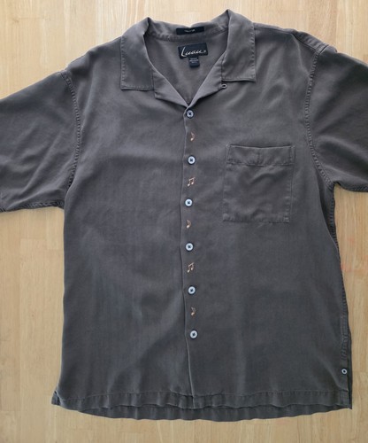 Hawaiian Shirt Men's Large Brown Embroidered "Sax on the beach" By Luau, Silk - Picture 3 of 8