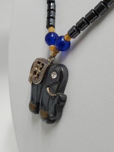 Hematite Beaded Elephant Pendant Necklace Silver Tone 18" - Picture 6 of 18