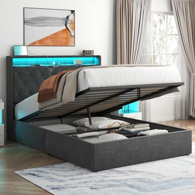 Lo Full Lift Up Bed Fre with Charging Stat & LED Lights,