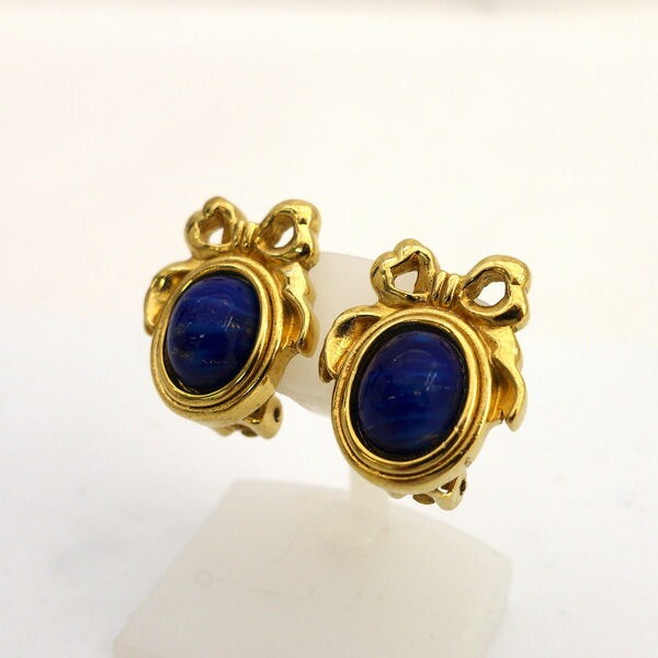Christian Dior Blue Gold Ribbon Motif Color Stone Earrings
