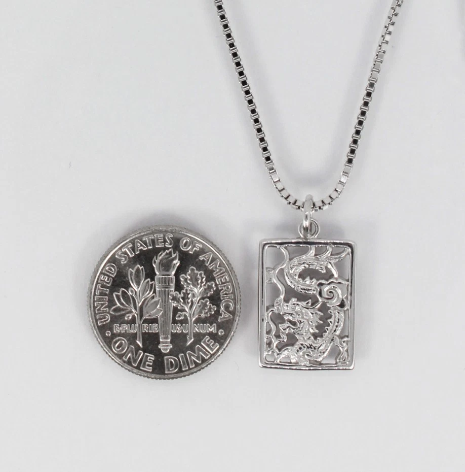 Dije colgante rectángulo dragón plata 925 recorte rodio hecho a mano en EE. UU. Foto 2 de 4