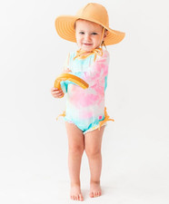 RuffleButts Girls 0-3M Tie Dye Long Sleeve One-Piece Swimsuit Zip Ruffle Bow