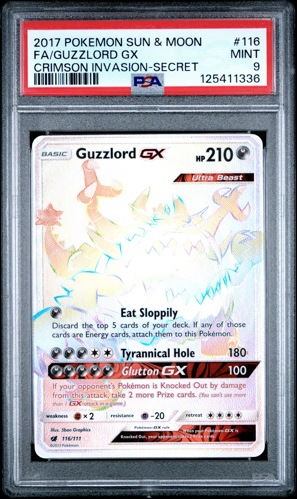 2017 POKEMON SUN & MOON CRIMSON INVASION SECRET #116 FULL ART/GUZZLORD GX PSA 9