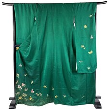 JAPANESE KIMONO FURISODE Green 168.5cm 5 ft 6 in PURE SILK AA8003