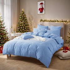 Blue Grid Duvet Cover Set Twin XL 100 Cotton Plaid Bedding Reversible Gingha...
