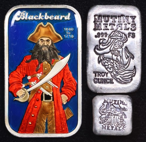 CMG & Mutiny Metals Pirate Themed 1 oz .999 Fine Silver 3 Art Bar Set
