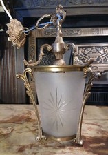 Vintage Frenc Style Brass Lantern Etched Glass Ceiling Hoook+Chain Mid Century 