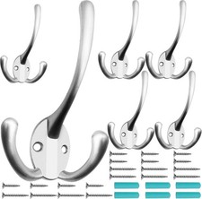 6 Pack Big Heavy Duty Three Prongs Coat Hooks Wall Mounted with 24 Screws Home