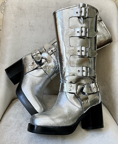 Free People Jeffrey Campbell Buckle Up Baby Moto Boots Silver Leather 8.5 NEW - Picture 4 of 7