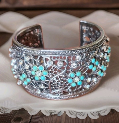 Barse 925 Sterling Silver CZ & Turquoise WidCuff Bracelet 106gr. 1 missing stone