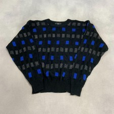 Vintage Abstract Knitted Jumper Patterned Grandad Knit Sweater Men's L