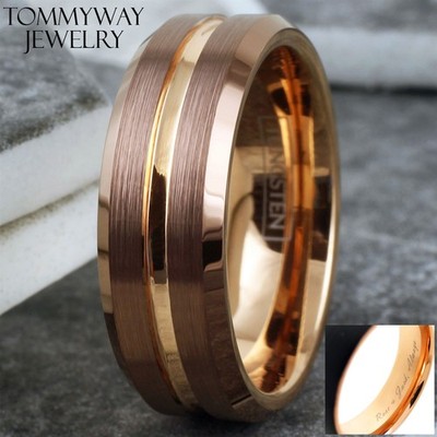 Custom Engraved Brown Tungsten Mens Ring Rose Gold Plated Stripe Wedding Band