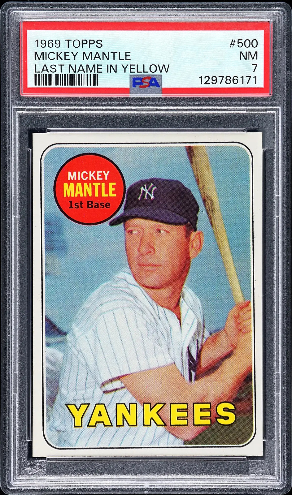 1969 Topps Mickey Mantle #500 Last Name In Yellow PSA 7