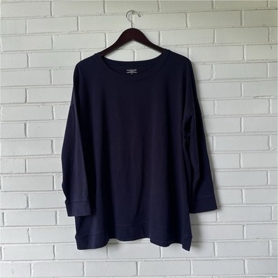 Eileen Fisher Women's Plus 2X Blue Solid Round Neck 3/4 Sleeve Knit Top