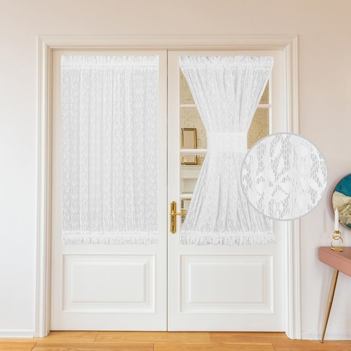 White Lace French Door Curtain Rod Pocket Leaves Branch Voile Curtains Light ...
