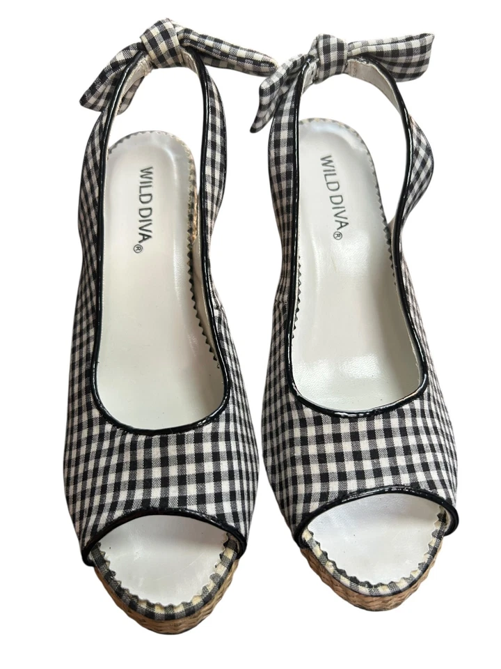 Alpargatas de cuña Wild Diva sin cordones punta abierta para mujer talla 6 azul blanco a cuadros nuevas con etiquetas Foto 3 de 4