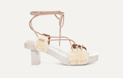 UGG x Eckhaus Latta Shearling Pilar Heeled Sandals White Tan Size 9 Wrap Up