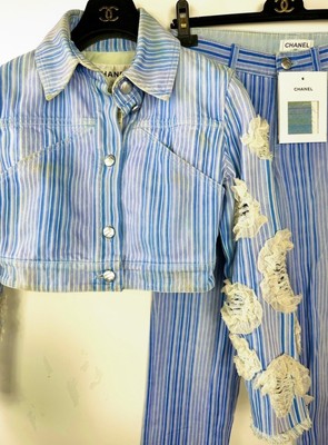 Chanel 2018 Blue Stripe Denim White 3D Flower Short Jacket