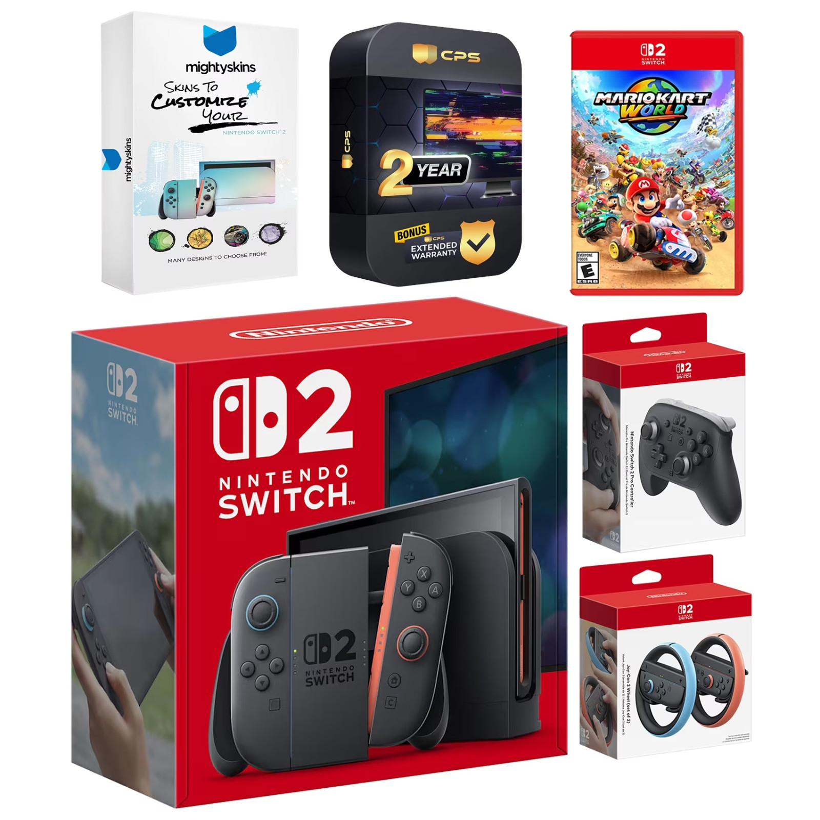 Nintendo Switch 2 Console with Mario Kart World, Pro Controller, Joy Con Wheel,