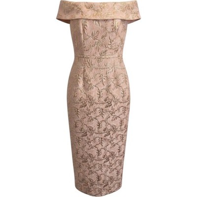 Rickie Freeman Pink Jacquard Off Shoulder Portrait Neck Sheath Cocktail Dress 2