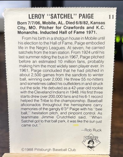 Satchel Paige 1988 Pittsburgh Pirates Negro League Stars Team Issue #11 HOF - Picture 2 of 2
