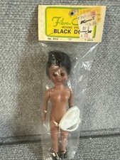 Vintage Fibre Craft 7.5" Flat Heel Black Doll Moving Eyes NIP W/ Stand Hong Kong