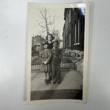 Woman Two Boys Military Uniforms 1944 WWII Era Snapshot Photograph Vernacular