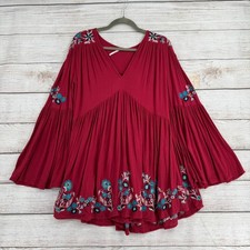 Free People Floral Embroidered V-Neck Flare Sleeve Mini Dress Womens XS Red Blue
