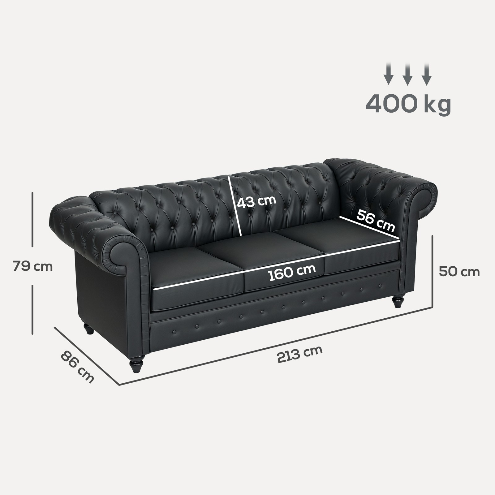 HOMCOM Divano 3 Posti Stile Chesterfield Trapuntato in Finta Pelle Nero foto 4