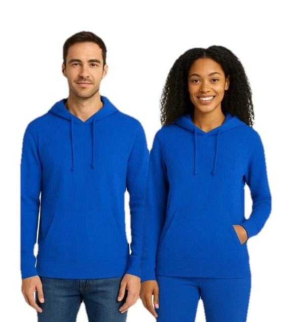 Jockey Stonewashed Blue Waffle Knit Long Sleeve Ribbed Hoodie Unisex Sz M