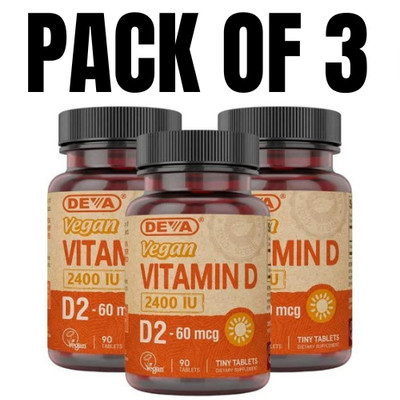 DEVA Vegan Vitamin D2   60 mcg (2400 IU) Ergocalciferol   Pack of 3