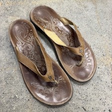 OluKai Shoes Womens Size 9 Brown Leather Flip Flop Sandals Paisley Comfort