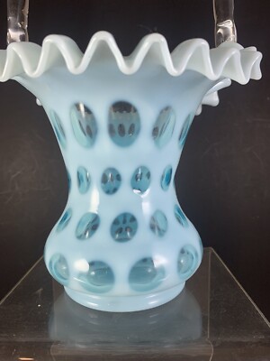 レア！オールドフェントン ドット fentonバスケット アンティーク Vintage Fenton Glass Blue White Basket Ruffled Coin Dot HTF