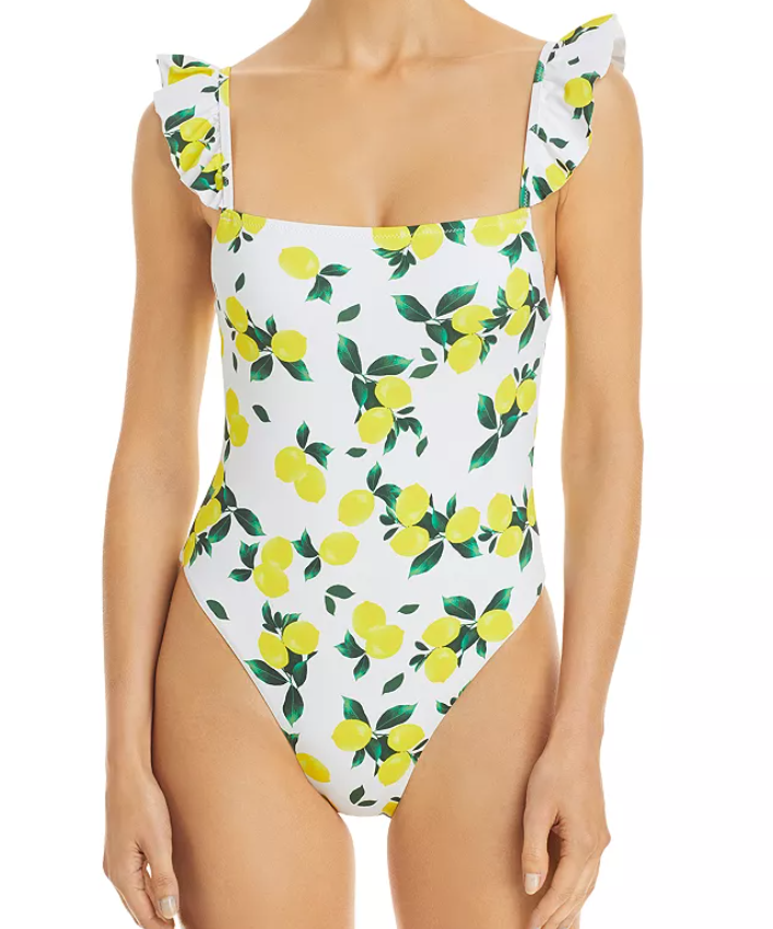 AQUA Swim Ruffled Lemon Print One Piece Swimsuit White Size M 4783