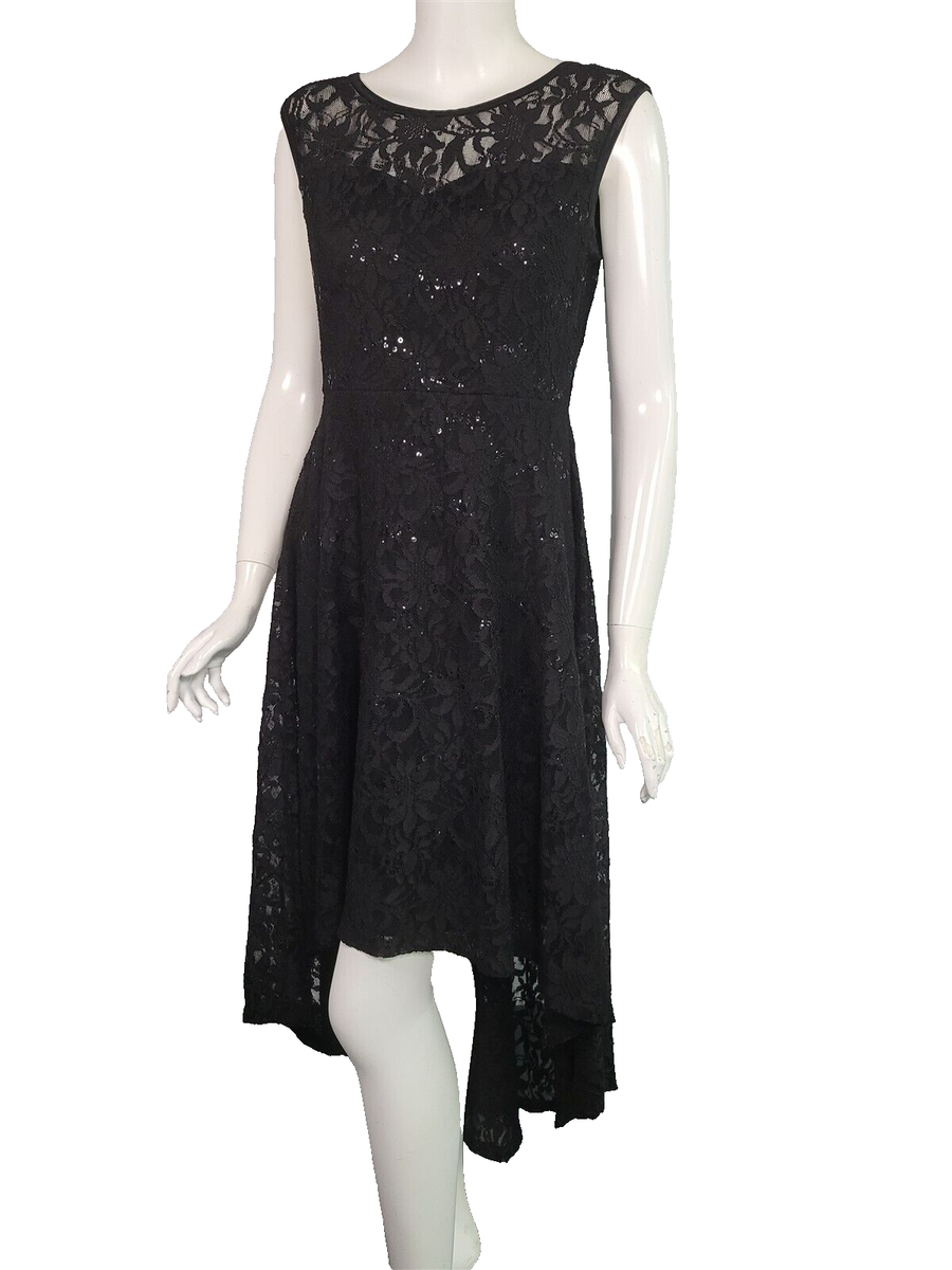 JOSEPH RIBKOFF Black Stretch Lace Sequin Hi-Low Hem Dress US 8 UK 10