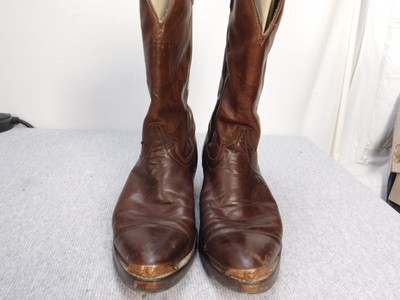 Vtg Code West Cowhide Cowboy Boots Leather Brown Mens 10.5 W/ Brass Tips Toe CODE WEST VTG Distressed Brown Cowhide Oiled Leather Western  main image 4