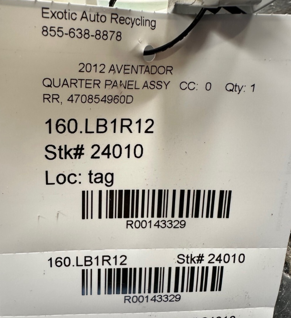 Lamborghini Aventador, RH Rear Quarter Panel, Used, P/N 470854960D