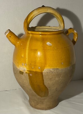 FRENCH ANTIQUE POTTERY YELLOW GLAZE CONFIT CERAMIC EARTHENWARE TERRACOTTA CRUCHE