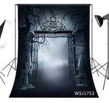 Vintage Gothic Cemetery Gate Backdrops Halloween Forest Background Studio Props