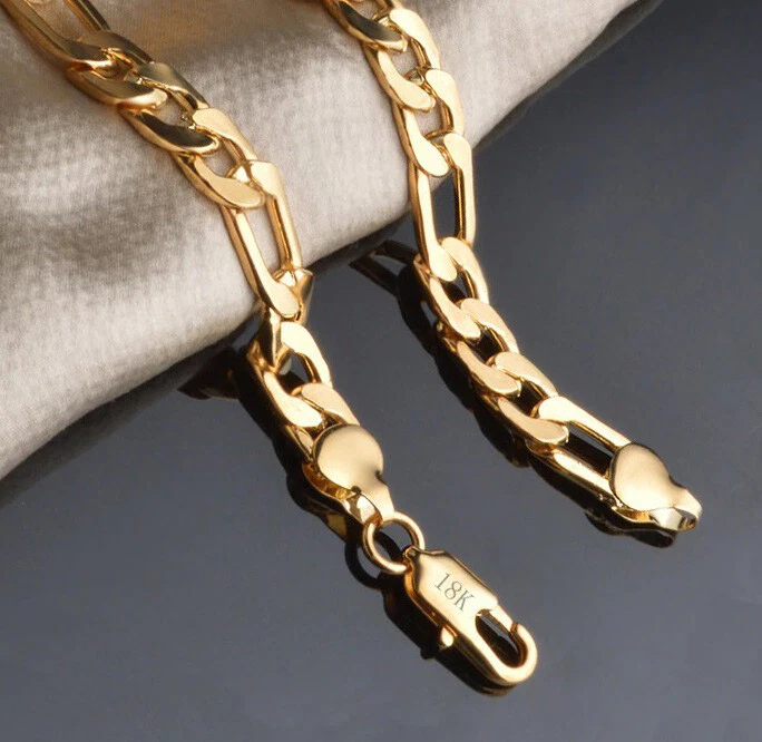 Brazalete de cadena de eslabones Figaro de 7-1/2" de latón relleno de oro de 18k D698 Foto 4 de 4