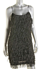 AQUA ~ Black Shag Fringe Spaghetti Straps Shift Party Dress S NEW $88