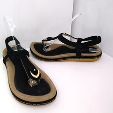 Socofy Sandals Size 9.5  Flats Black Suede Elastic Slingback Thong Toe